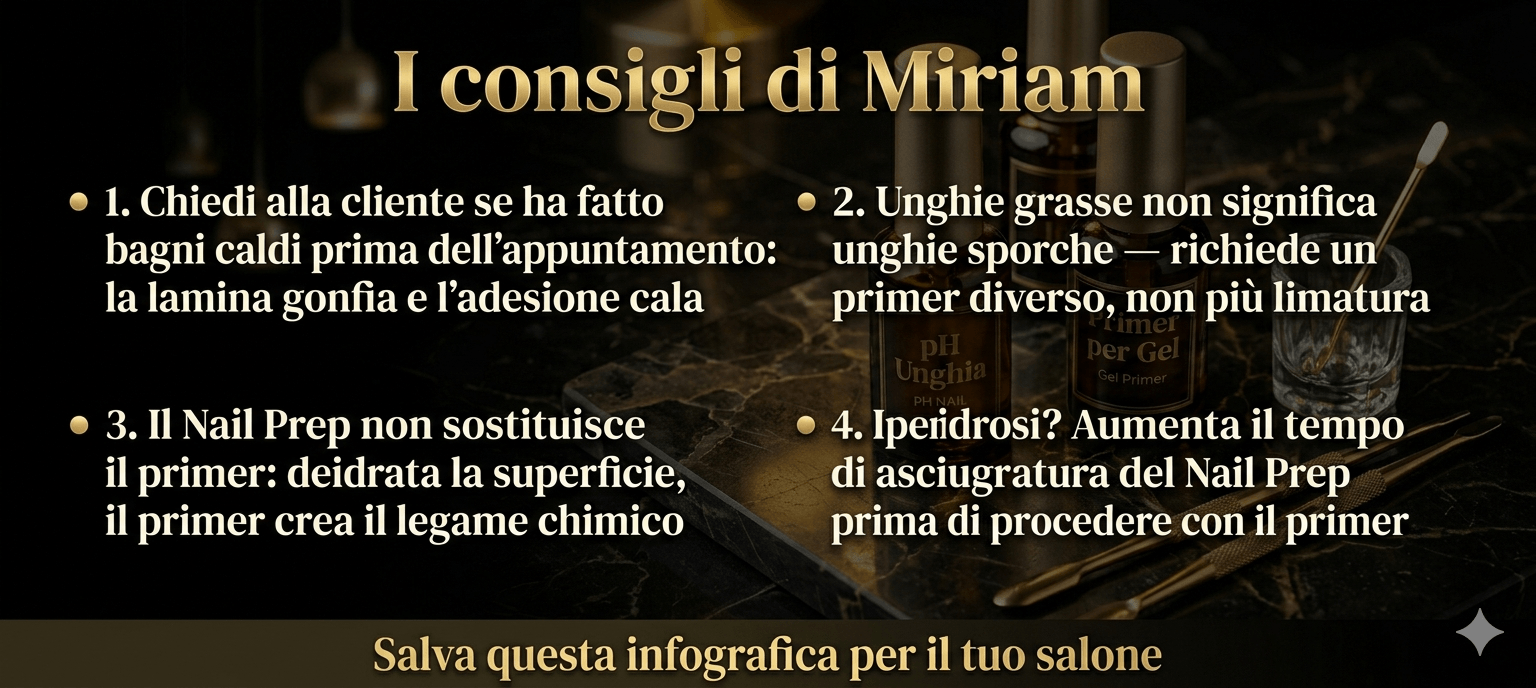 Infografica "I consigli di Miriam" con 4 indicazioni tecniche per gestire il pH dell'unghia e migliorare l'adesione del gel su unghie difficili